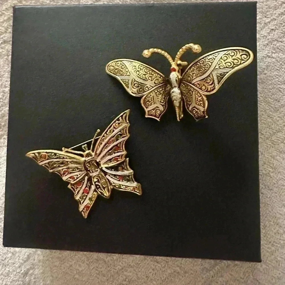 Butterfly Damascene made in Spain Vintage Toledo Gold Tone Brooch Pins 2 Pieces